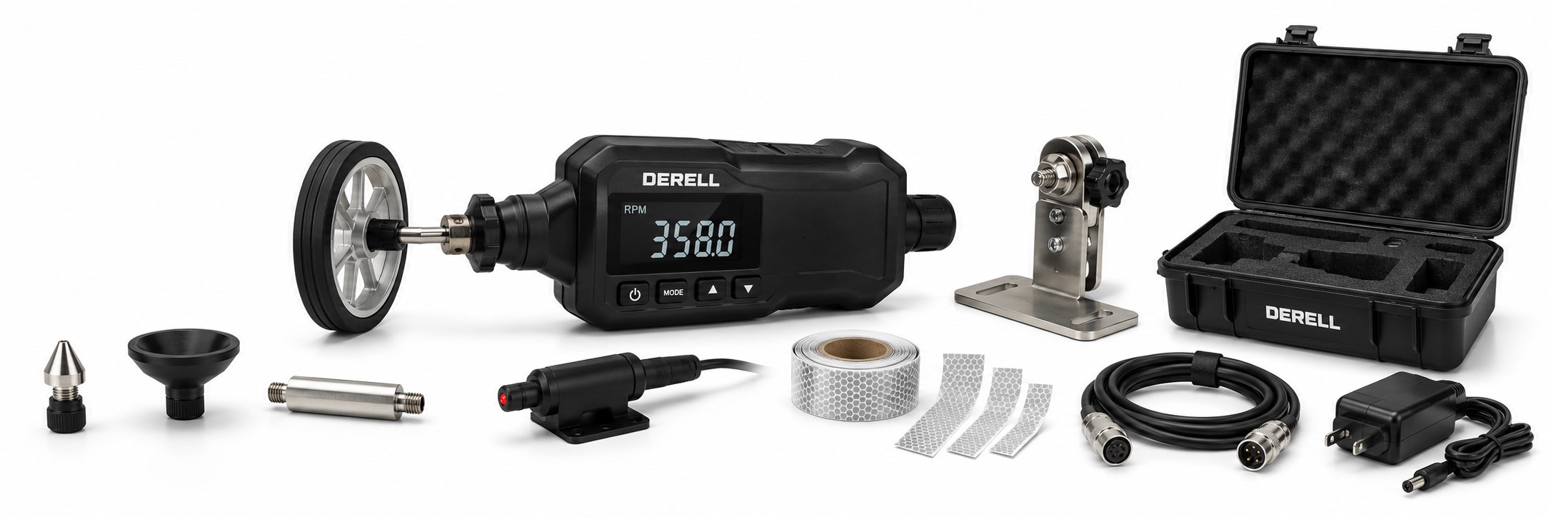 What accessories and additional components does the tachometer come with?